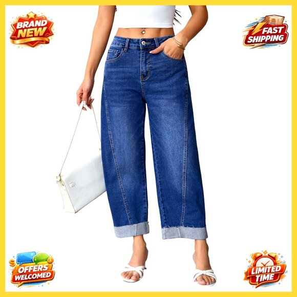 High Waisted Wide Leg Barrel Jeans Stretch Denim Cropped Ankle Pants